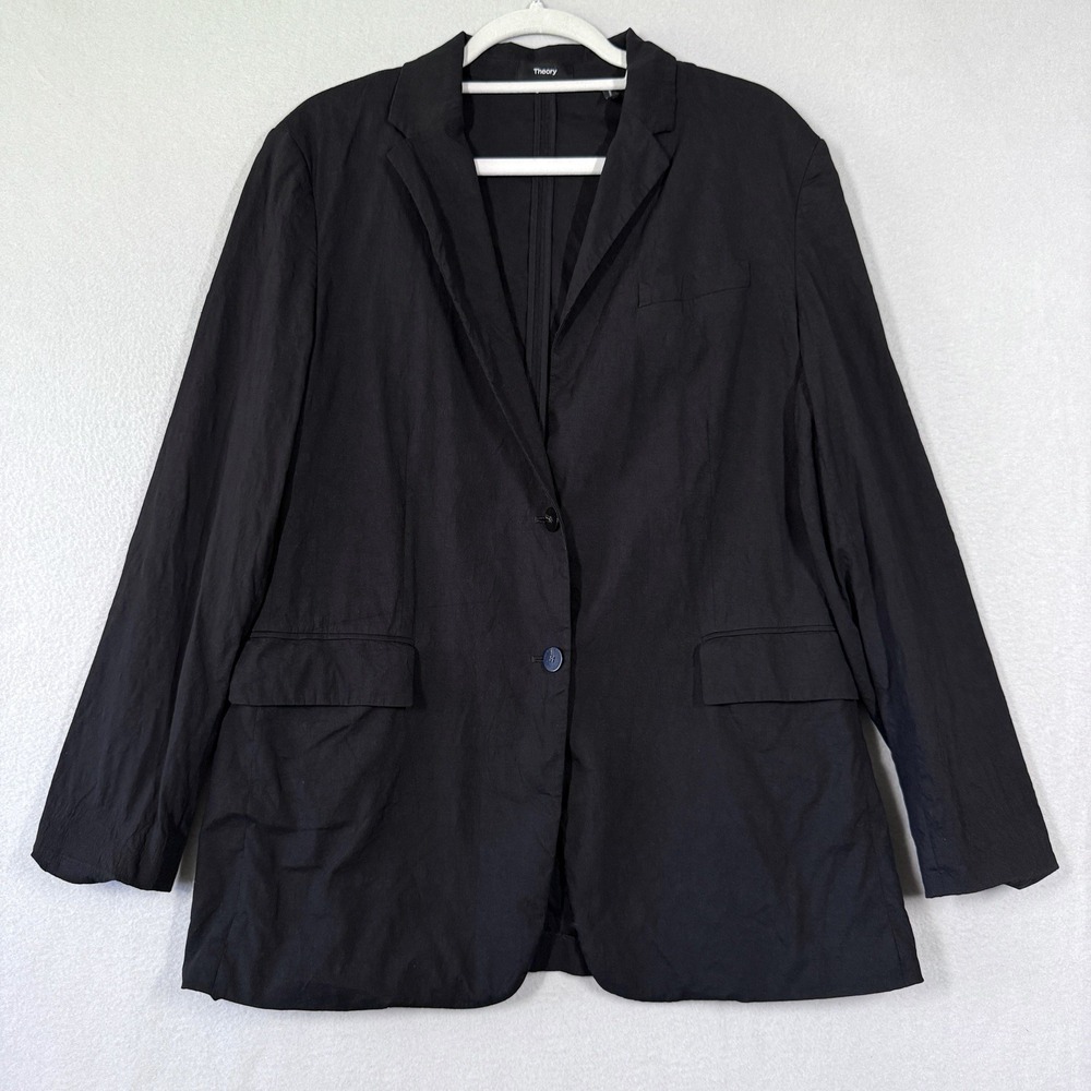Theory Blazer Womens 10 Rolled Sleeve Boyfriend Jacket Linen Black Eco Crunch‎